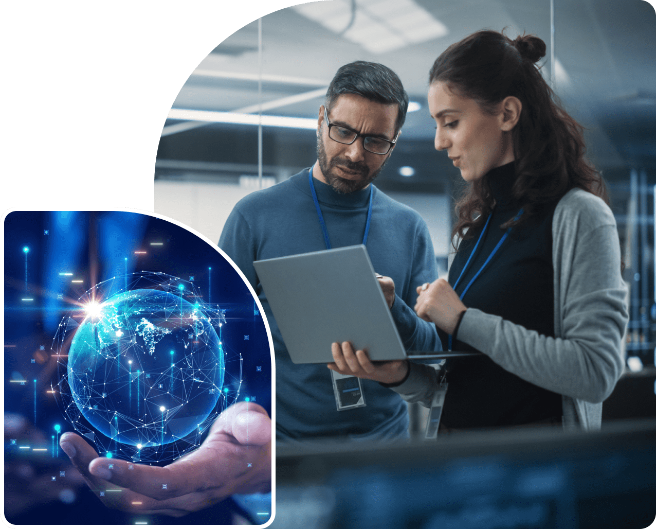 Two people discussing technology with tablet.